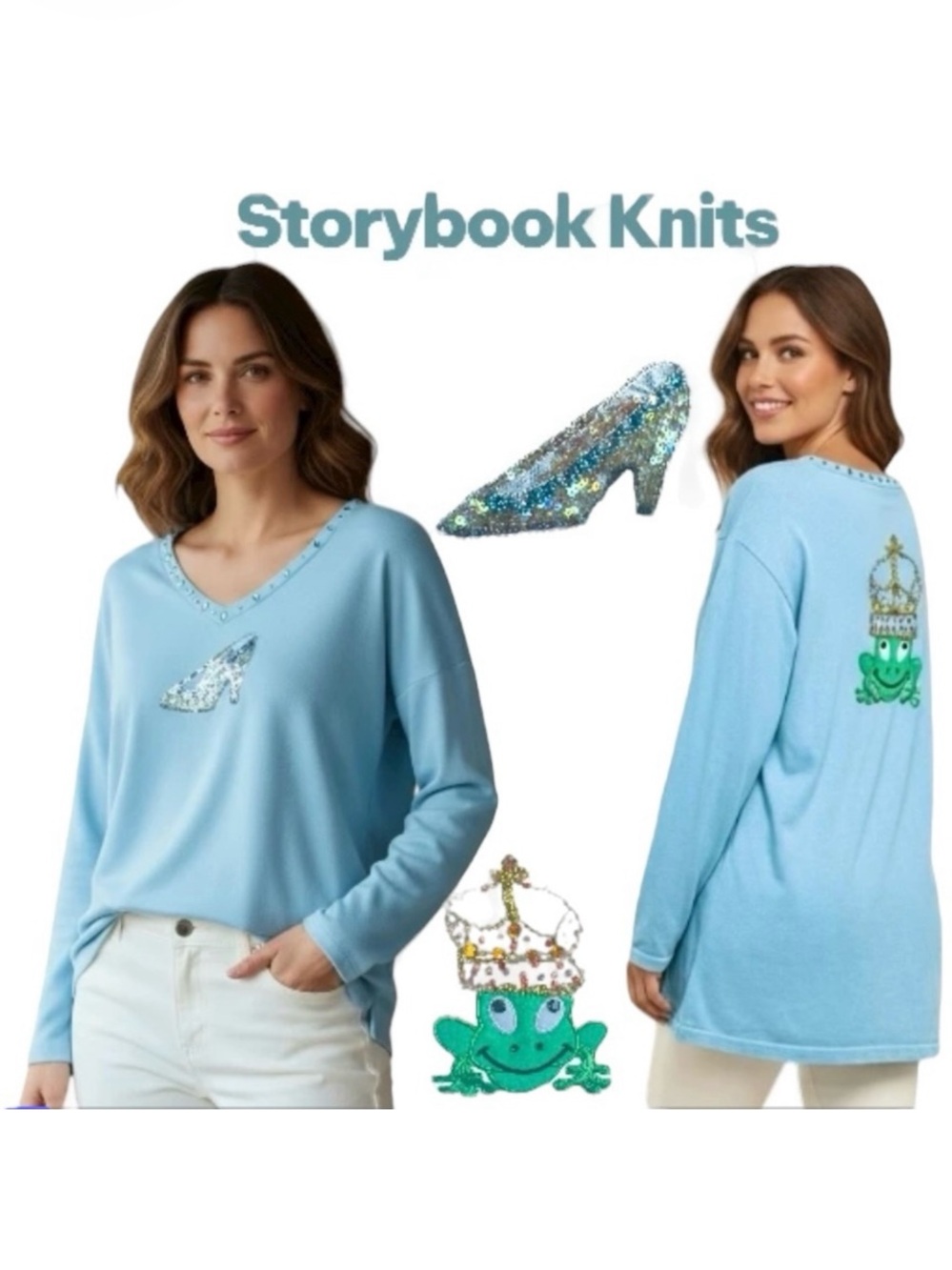 Storybook Knits Sweater Cinderella Light Blue Sequins Beads Applique Pullover 2X